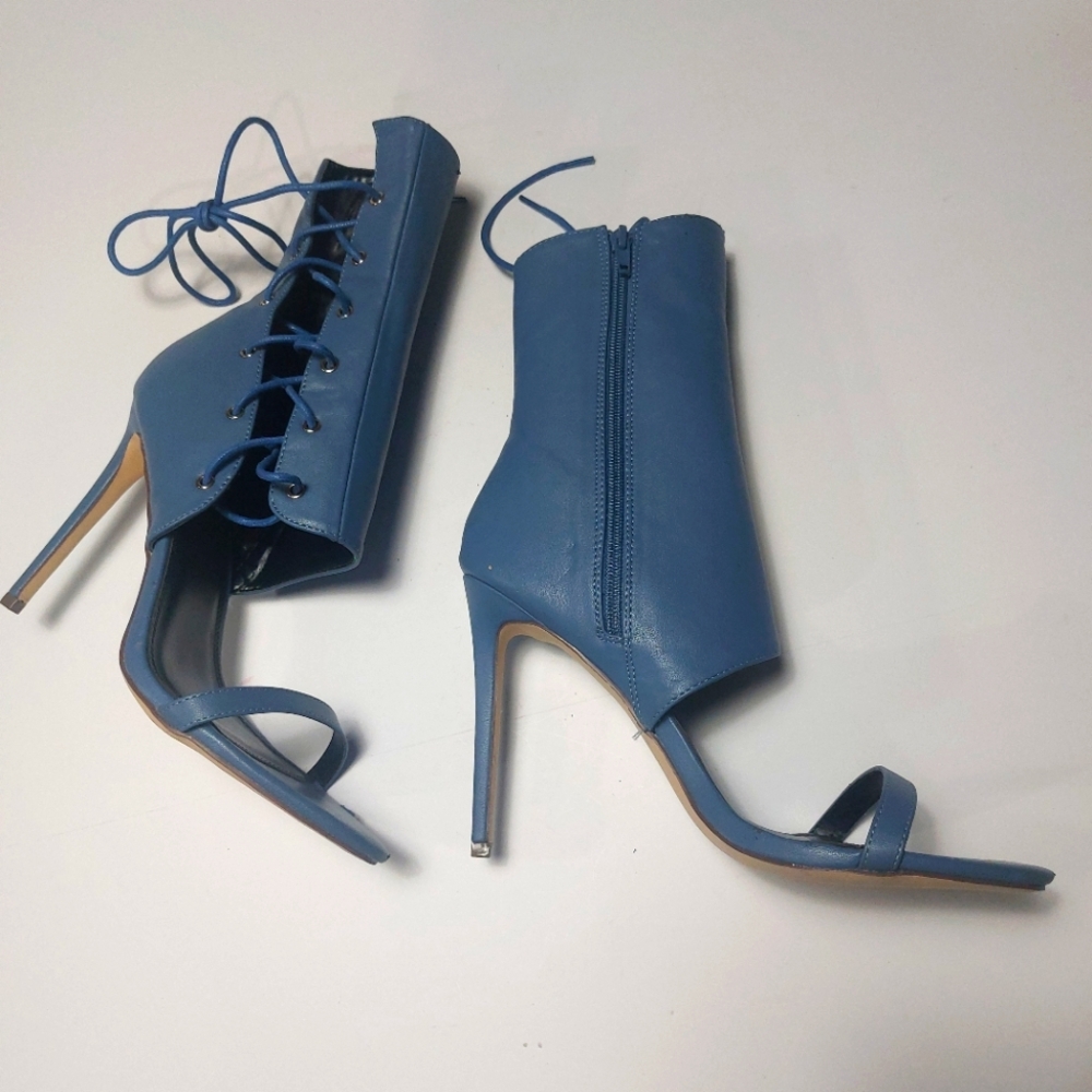 Elegant Blue Faux Leather Lace-Up Stiletto Heels Sz 10
